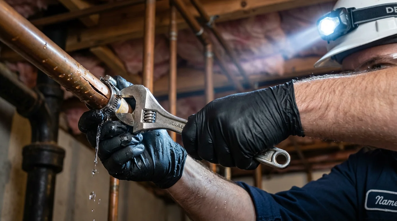 Emergency pipe clamp repair being performed by a Johns Plumbing LLC plumber in Jenks