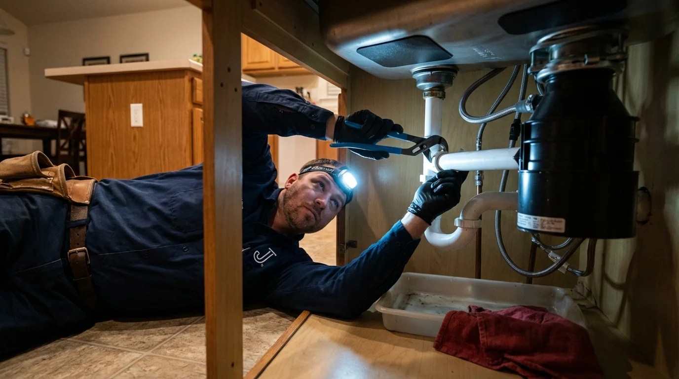 P-trap and supply line connections under a kitchen sink showing a common leak point in Jenks, OK